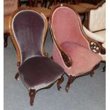 A Victorian mahogany frame armchair upholstered in pink velvet and a Victorian nursing chair