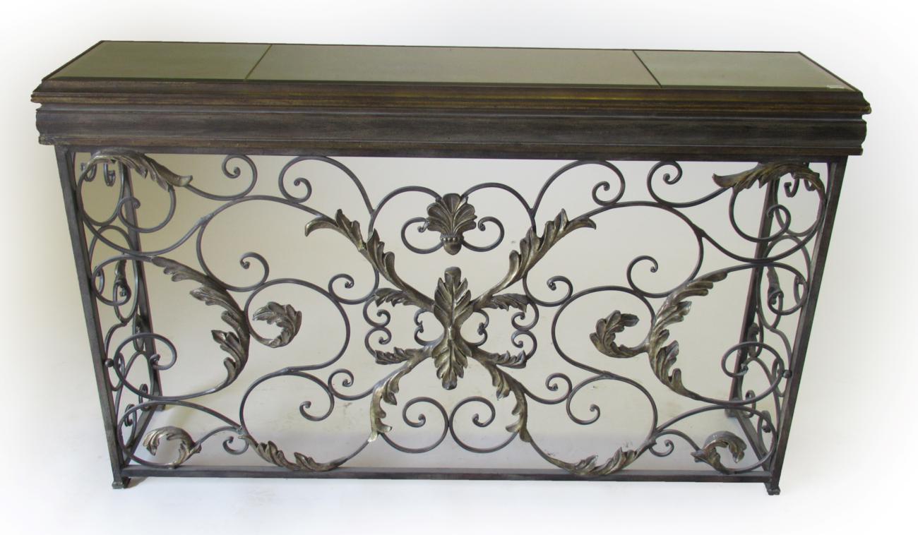 A Metal and Gilded Console or Hall Table, modern, the rectangular moulded top with three gilded