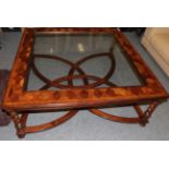 A Walnut and Oyster Veneered Style Glass Top Coffee Table, modern, of square with spiral turned legs