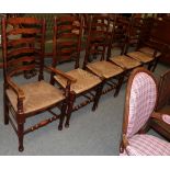 Set of six ash and rush seated ladder back chairs, including two carvers