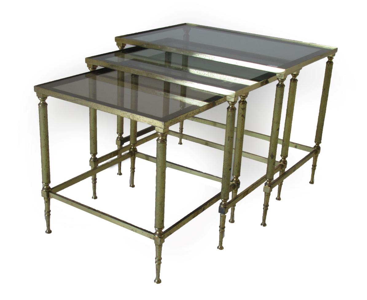 A Set of Three Late 20th Century Brass and Glass Top Nesting Tables, of rectangular form with reeded