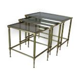 A Set of Three Late 20th Century Brass and Glass Top Nesting Tables, of rectangular form with reeded