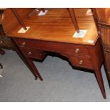 ^ A 19th century mahogany kneehole writing table, with a three-quarter top gallery, 90cm wide