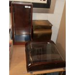 ^ An early 20th century mahogany table top display cabinet, with two glass shelves; a mahogany bow