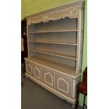 A 19th century grey painted dresser, the base with four cupboard doors, 208cm wide