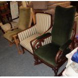 Victorian mahogany rocking chair, later recovered in green velvet; a late Victorian mahogany