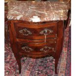 A Louis XV style rosewood two drawer petite commode, late 19th century, with a pink veined marble