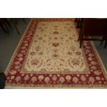 Afghan Ziegler design carpet, modern, the ivory field of vines enclosed by blood red meandering vine