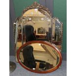 ^ An early 20th century triple plate and etched glass mirror, 114cm high; and an Edwardian oval