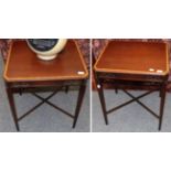 A pair of mahogany and crossbanded rectangular occasional tables with square tapering legs joined by