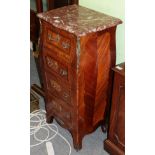 French Kingwood and tulipwood four drawer chest with marble top, 46cm wide