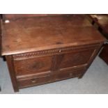 ^ An early 18th century carved oak chest with lozenge carved panels, 98cm wide