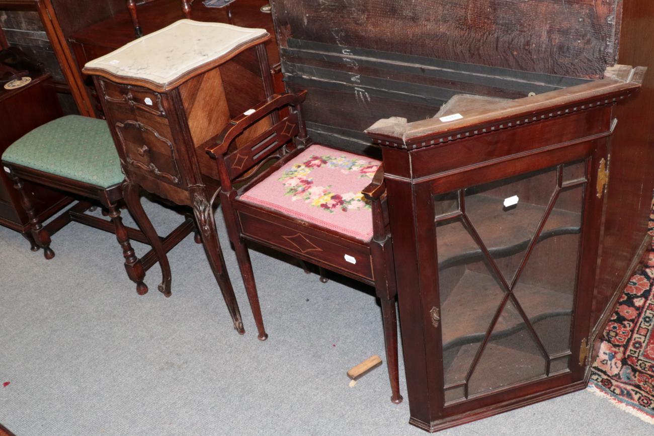 A quantity of furniture to include mahogany glazed corner cupboard music seat; French marble top pot