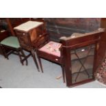 A quantity of furniture to include mahogany glazed corner cupboard music seat; French marble top pot
