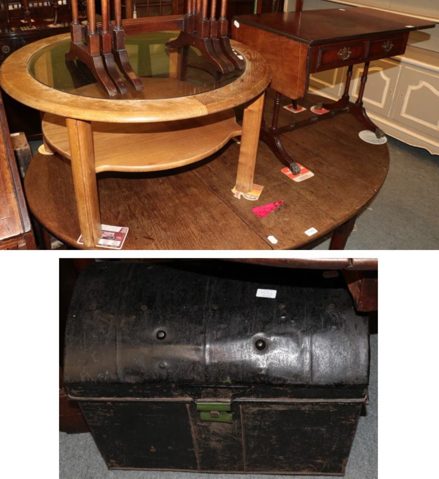 A reproduction walnut drop leaf coffee table, an oak and glass top circular occasional table, a nest