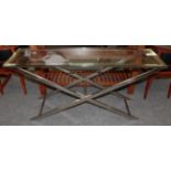 A Glass and Polished Metal Console or Hall Table, modern, with rectangular plate top above a