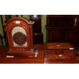 An Edwardian mahogany marquetry inlaid table clock later dial, together with a crossbanded