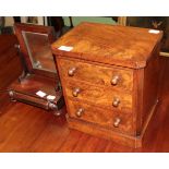 ^ A Victorian figured walnut three drawer miniature chest, 28cm wide; and a Victorian rosewood small