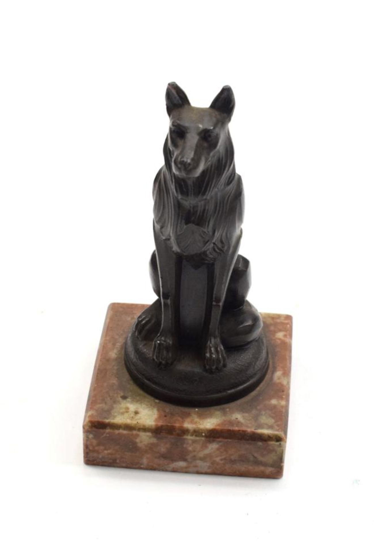 A 1920's Bronze Cast Dog Mascot, signed Ruffony, modelled as a seated Alsatian, on a circular