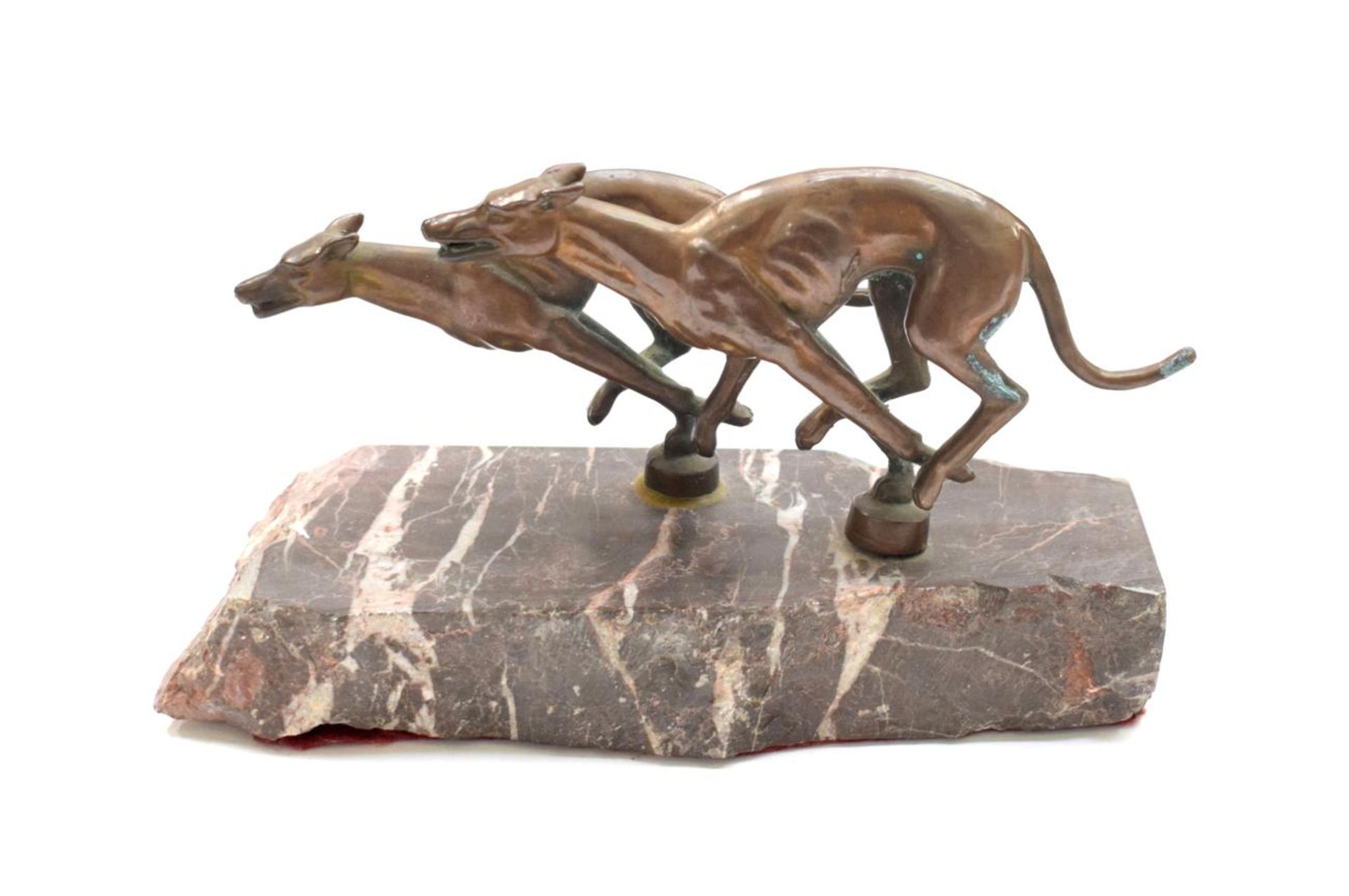 Two Early 20th Century Bronze Car Mascots, in the form of greyhounds, mounted on a pink marble rocky