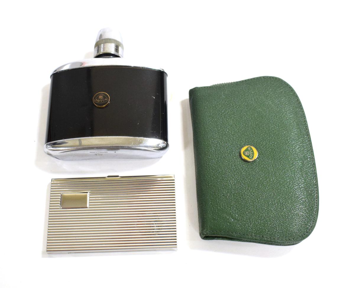 A Lotus 1960s Jim Clark Black Commemorative Drinks Flask; A 1950's Travelling Manicure Case, for the