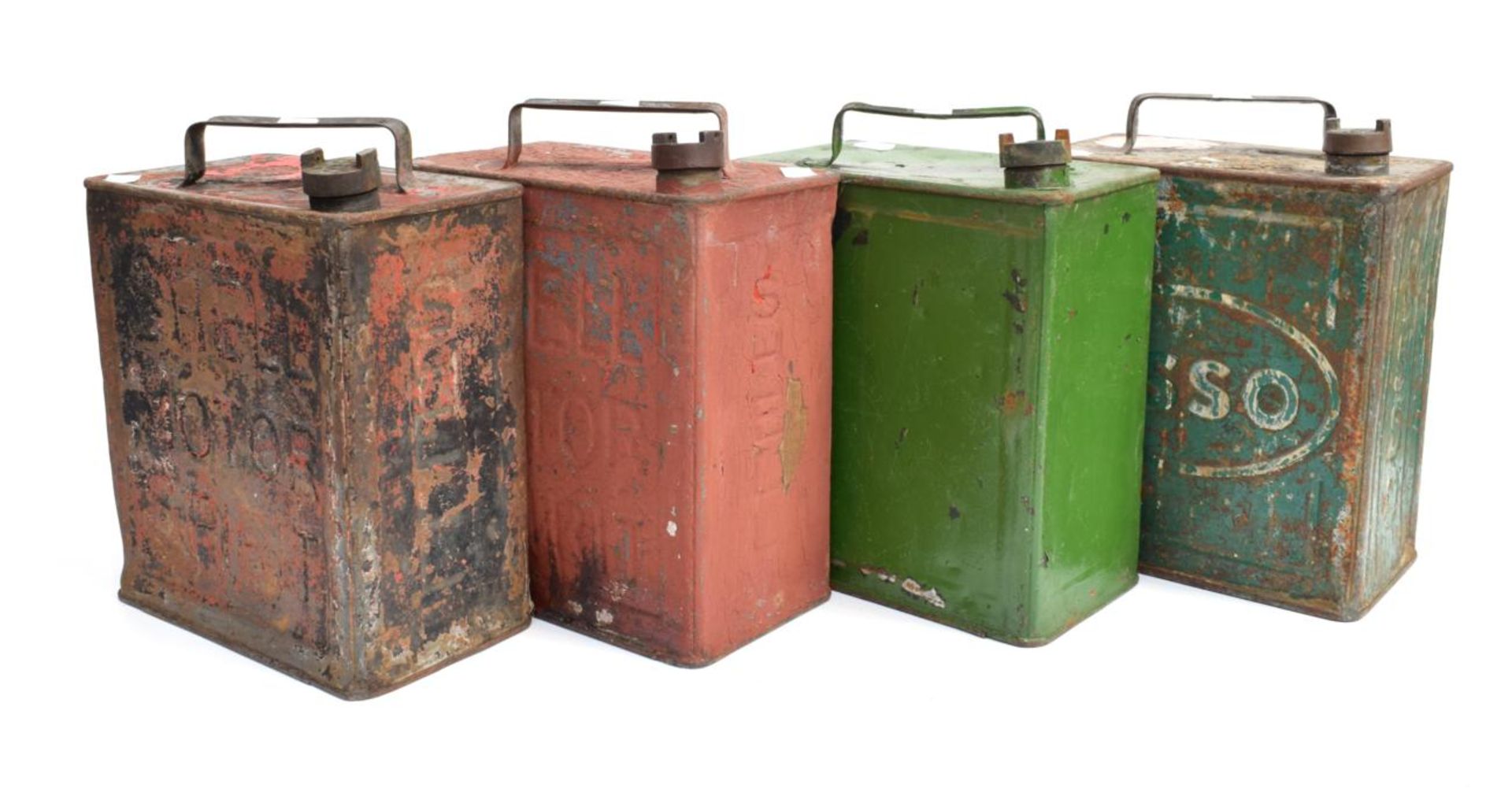 Four Vintage 2 Gallon Petrol Cans, comprising two Shell Motor Spirit, a green Esso, and an