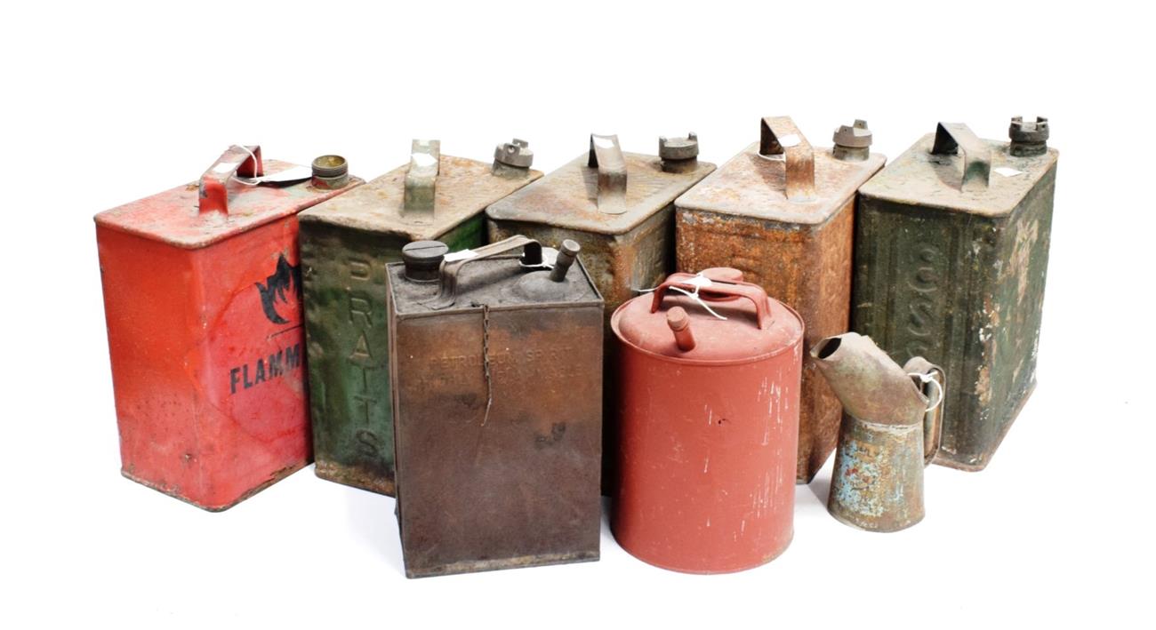 Five Assorted Vintage Fuel Cans, comprising a green Pratt, a green Esso, a grey Shell, and a