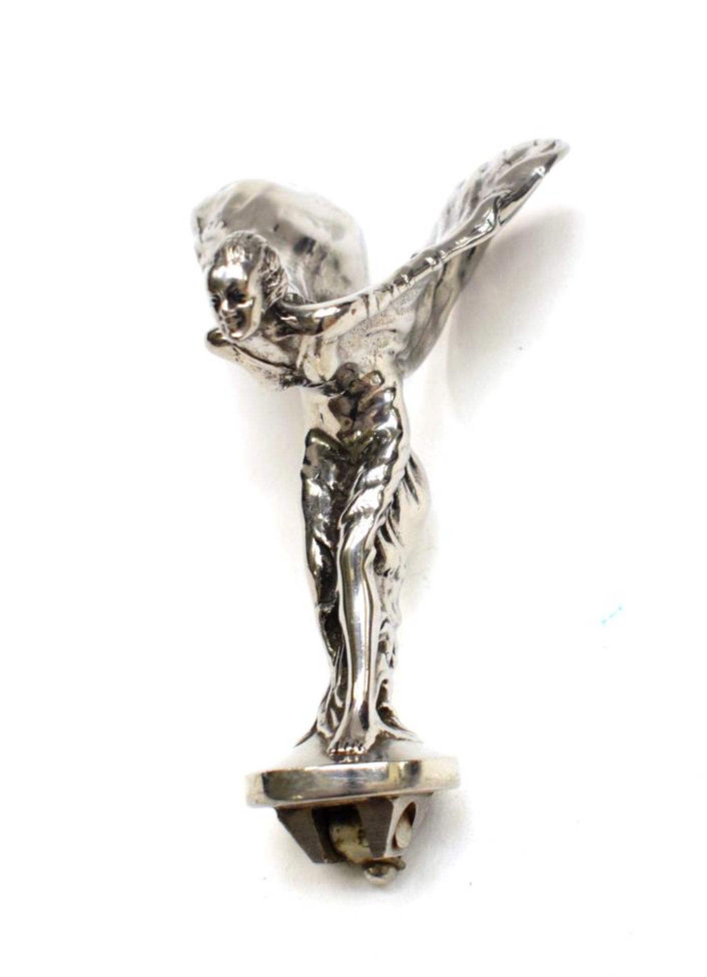 A 1920/30 Nickle Plated Spirit of Ecstasy Car Mascot, unmarked, standing on circular base with