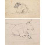 Cornelius Varley (1781-1873) 'Sketch of Cow lying down' and 'Study of a cow, lying down' Pencil, 9cm