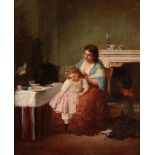 J. Castella (19th century) Interior with mother and daughter Indistinctly signed, bears label verso,