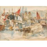 Roland Batchelor RWS (1889-1990) ''Fish Quay, Ostend'' Signed, watercolour, 13.5cm by 18cm Artist'