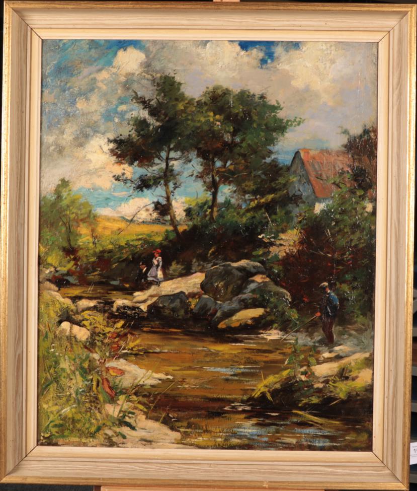 Joshua Anderson Hague (1850-1916) Figures by the riverbank Signed, oil on canvas, 60cm by 49.5cm - Image 2 of 3