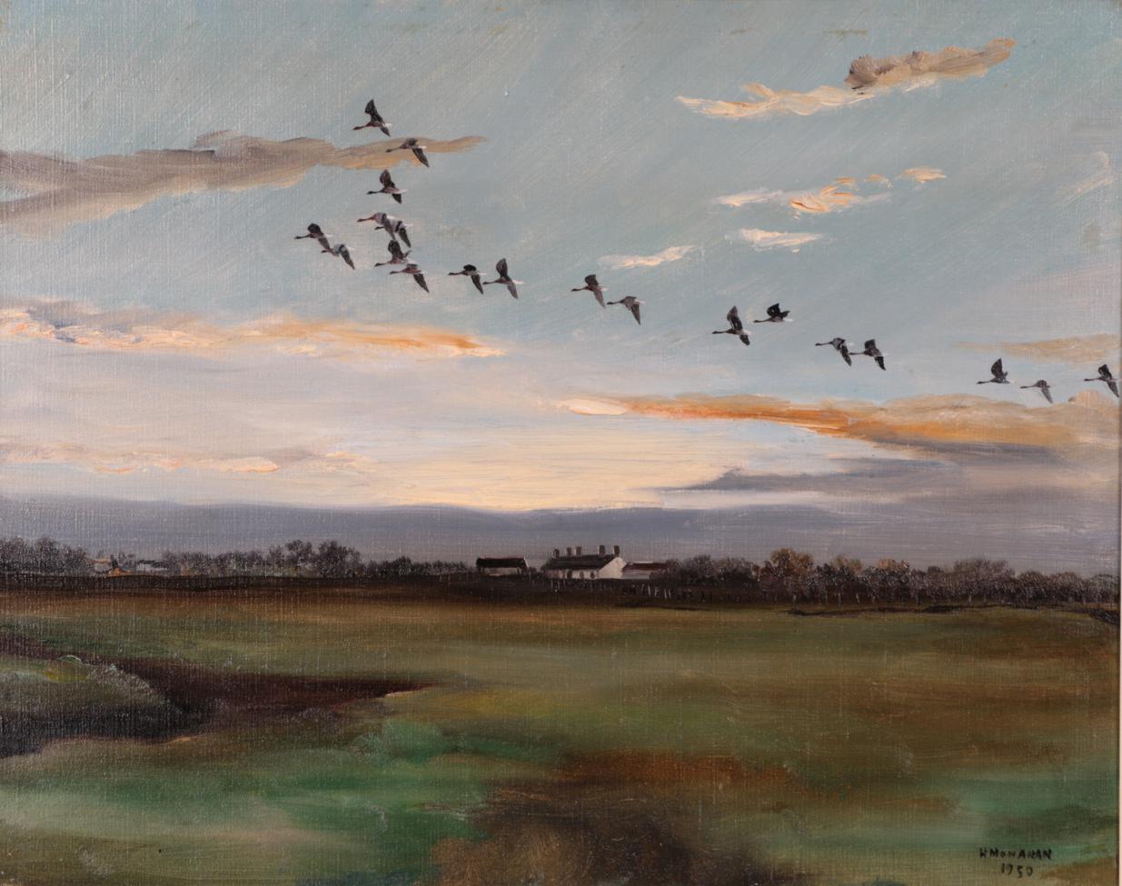 Hugh Monahan (1914-1970) Irish Greylags flighting at dusk Signed and dated 1950, oil on canvas, 39.