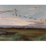 Hugh Monahan (1914-1970) Irish Greylags flighting at dusk Signed and dated 1950, oil on canvas, 39.