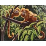 Keith Shackleton MBE (1923-2015) Lion Tamarins Signed and dated (19)85, oil on board, 34cm by 44.5cm