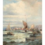 William Thornley (fl.1859-1898) Shipping in a harbour on choppy seas Signed, oil on canvas, 34cm