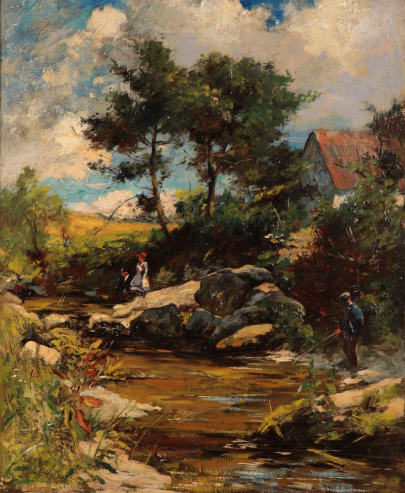 Joshua Anderson Hague (1850-1916) Figures by the riverbank Signed, oil on canvas, 60cm by 49.5cm