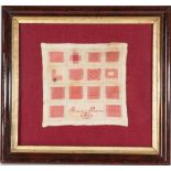 Late 19th Century European White Cotton Darning Sampler, split into 15 squares and a rectangle,