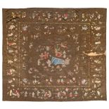 Large Late 19th/Early 20th Century Chinese Brown Figured Silk Embroidered Bed Cover/Panel, decorated