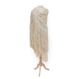 Circa 1920s Large Chinese Cream Silk Shawl, embroidered overall in cream coloured silks with