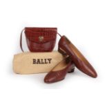 Pair of Bally 'Pablo' Mock-Croc Brown Leather Shoes, the low block heal with gilt metal trim (size