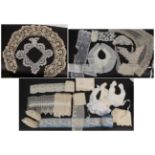 Assorted Lace and Items, including a pair of toddler lace slippers, baby bonnet and cotton bibs;