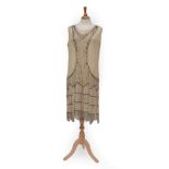 Circa 1920's Cream Chiffon Dress, sleeveless with scoop neck and cut out v, embellished with sequins