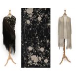 Early 20th Century Black Silk Shawl, embroidered with cream flower heads overall, within a black