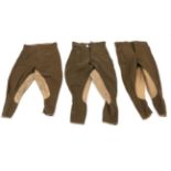 Three Pairs of Mens Army Motor Cyclist Pantaloons/Breeches, in khaki green wool, all with front