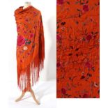 Early 20th Century Chinese Orange Silk Shawl, embroidered overall with pink chrysanthemum heads,