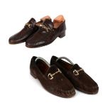 Pair of Gucci Gentleman's Brown Leather Loafers, with gilt metal interlocking GG mounts (size