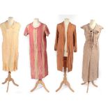 Four 1920s Day Dresses, comprising a buttermilk sleeveless dress with part-pleated skirt; a