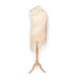 Circa 1920s Chinese Cream Silk Shawl, with embroidered flowers and macramé fringed edges, 157cm by