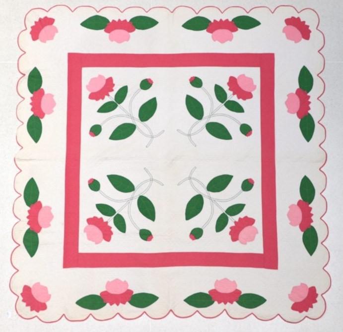 Circa 1930s American Appliqué Quilt, decorated with four pink flowers with stems to the centre,